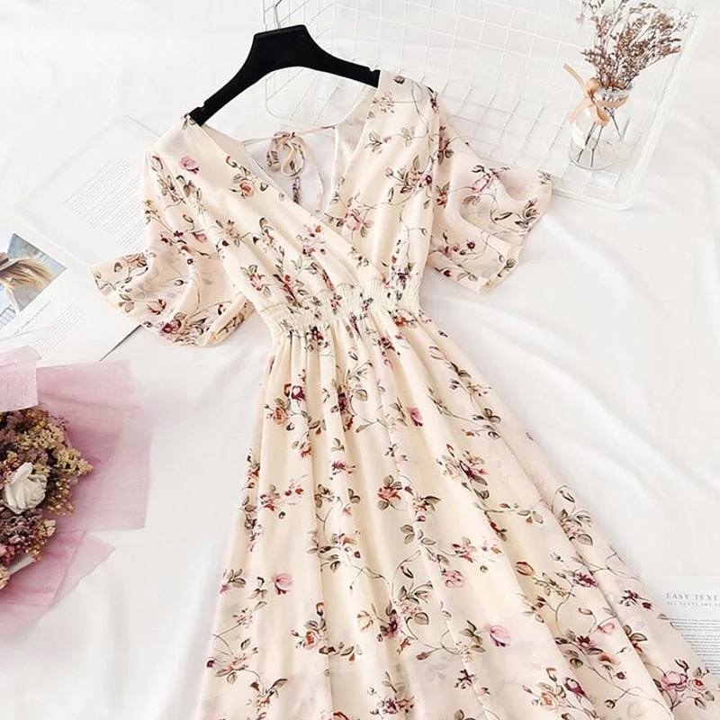 Summer Dress Vintage Floral Ruffles Women Print Short sleeve Chiffon Boho Dresses Mid-calf A-line Backless Sexy Dress Vestidos