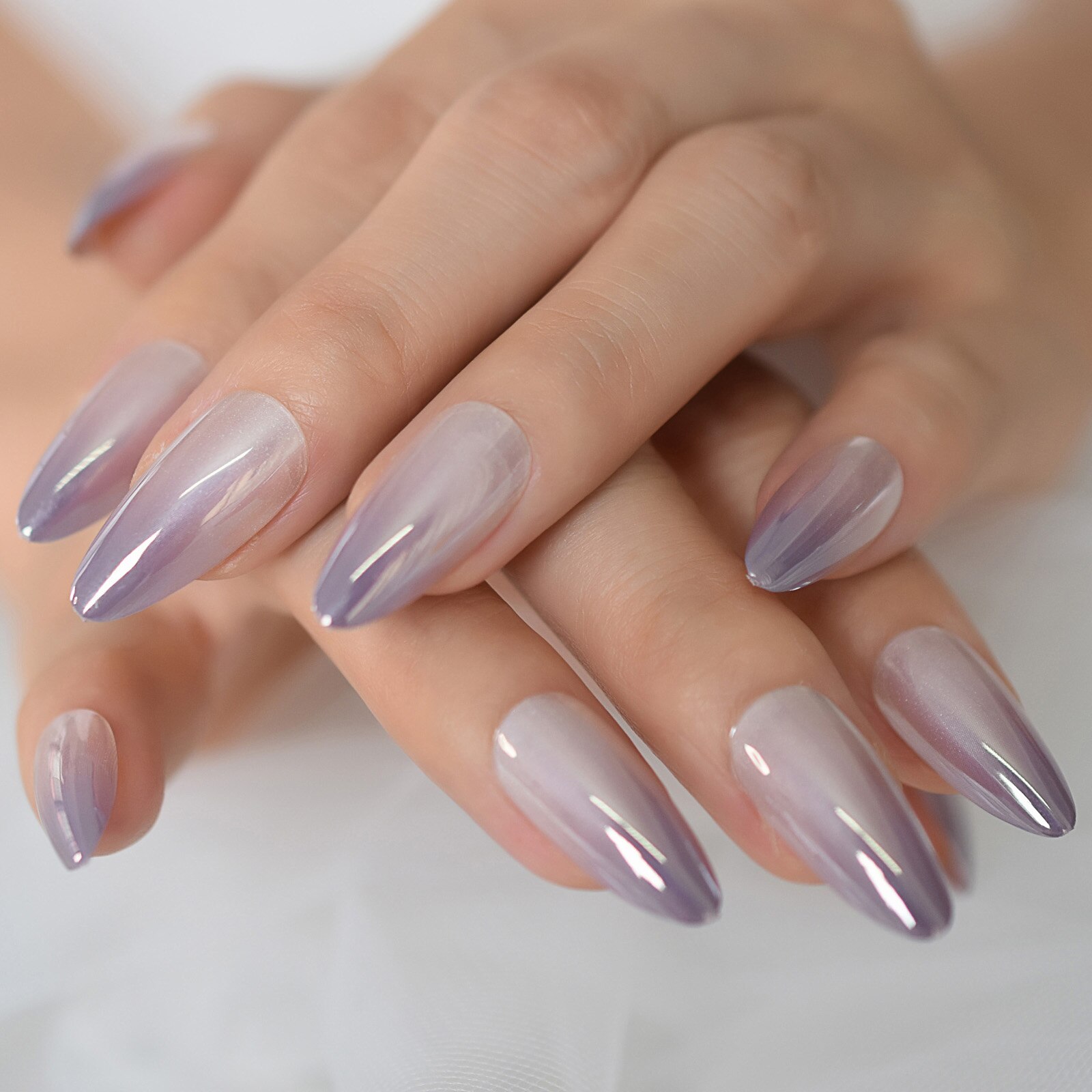 Churchf Ombre Nails Women Nails Fake Metallic Medium Stiletto Nude Pink ...