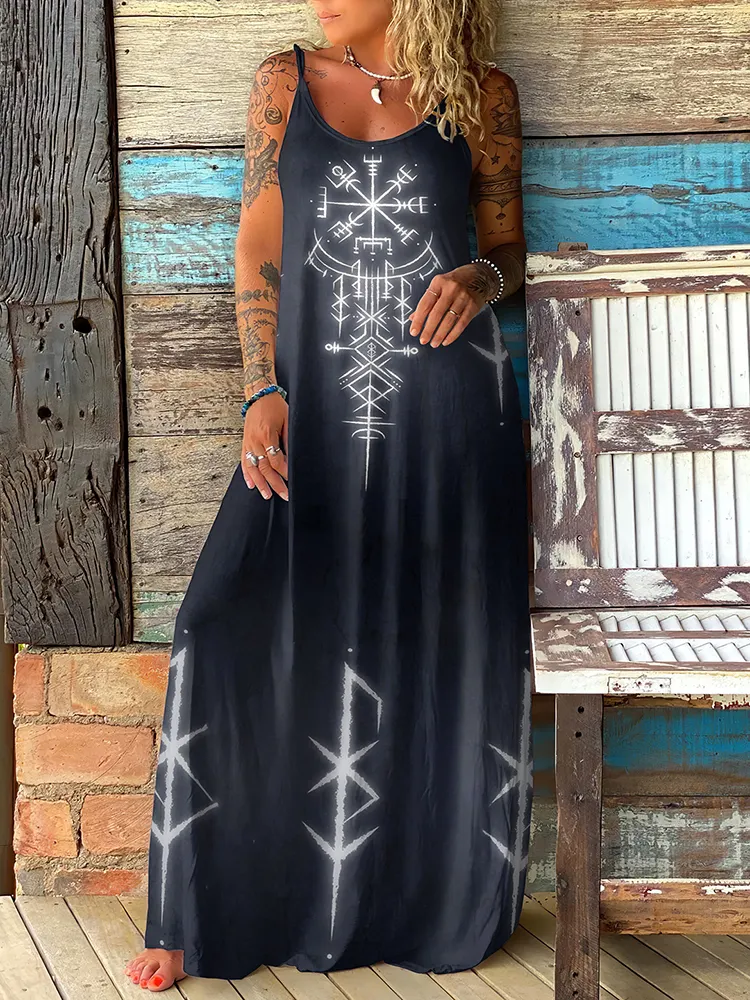 Viking Compass Rune Contrast Color Slip Maxi Dress