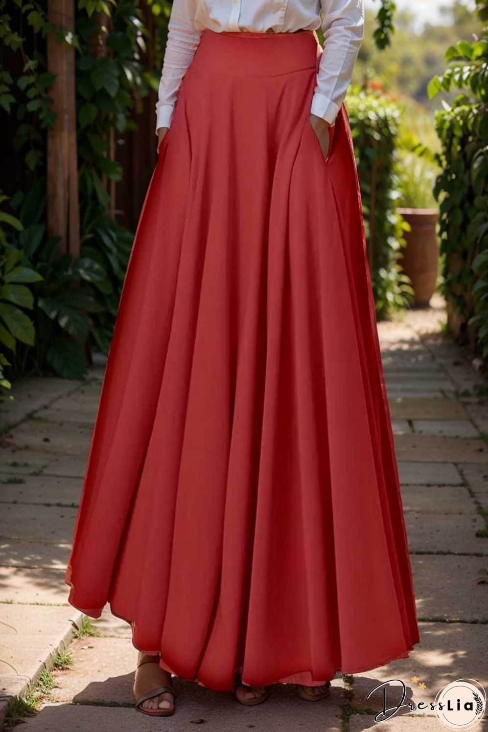 casual pleated pockets high waist loose maxi dress