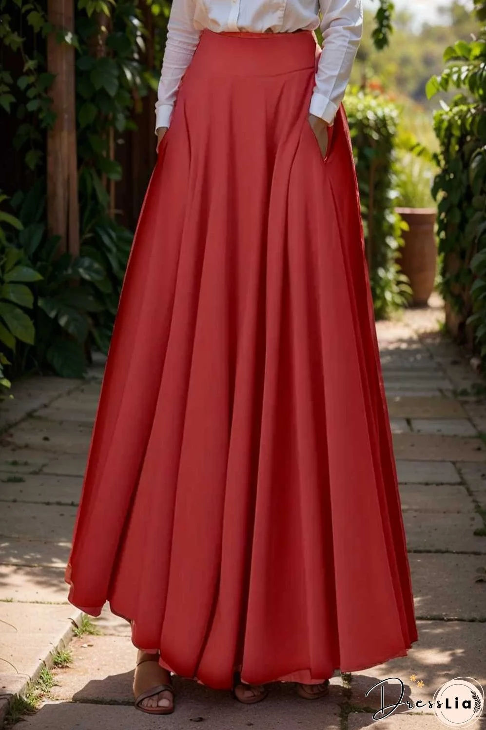 casual pleated pockets high waist loose maxi dress