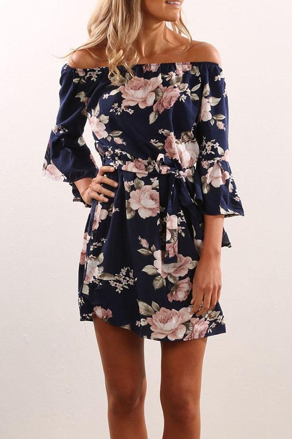 Off Shoulder  Asymmetric Hem  Belt Loops  Printed  Three Quarter Sleeve Dresses