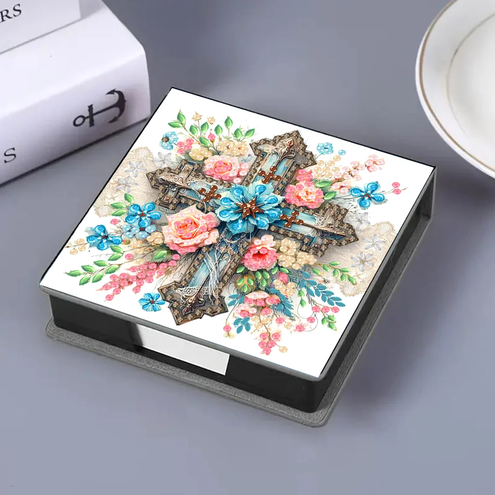 DIY Flower Cross Leather Diamond Art Note Box with 160 Sheets of Paper for Beginners