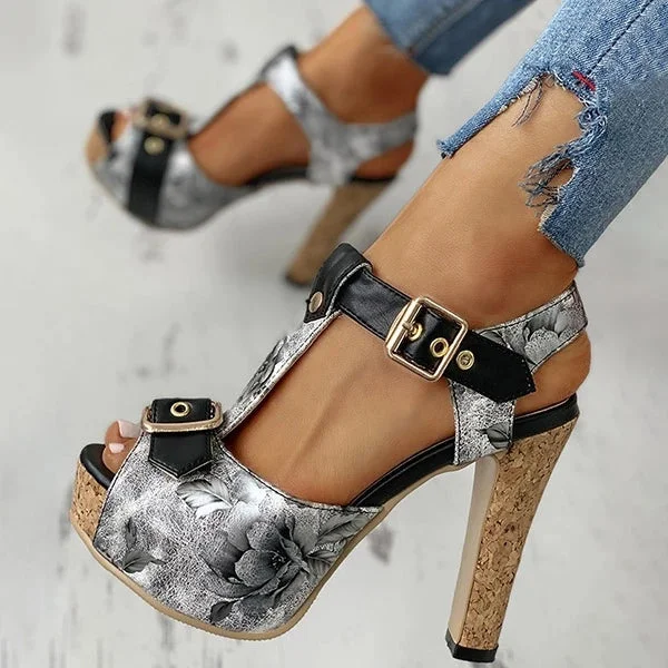 Flower Print Peep Toe Platform Chunky Heels