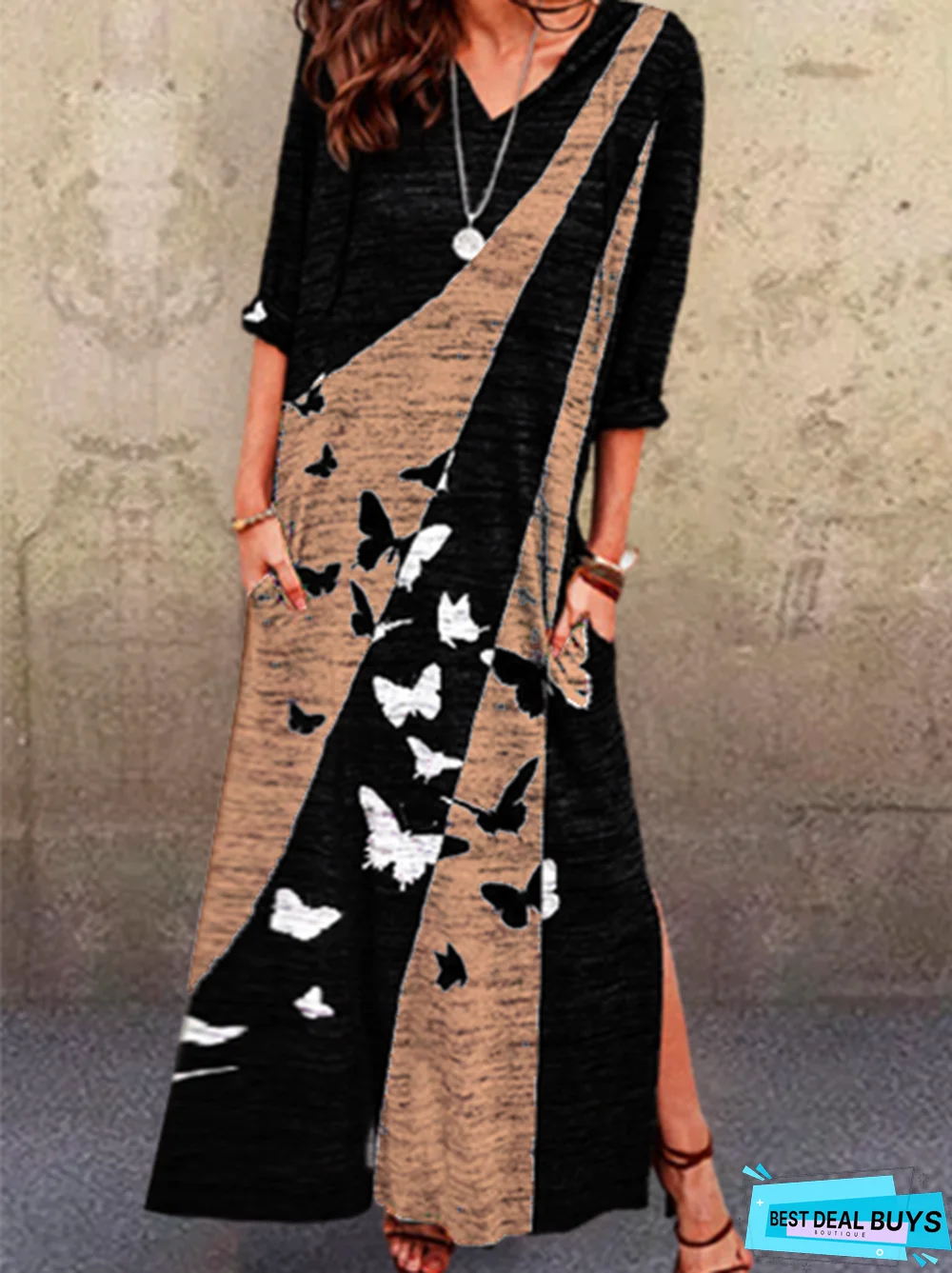 Long Sleeve Abstract Vintage Dresses Black Dresses