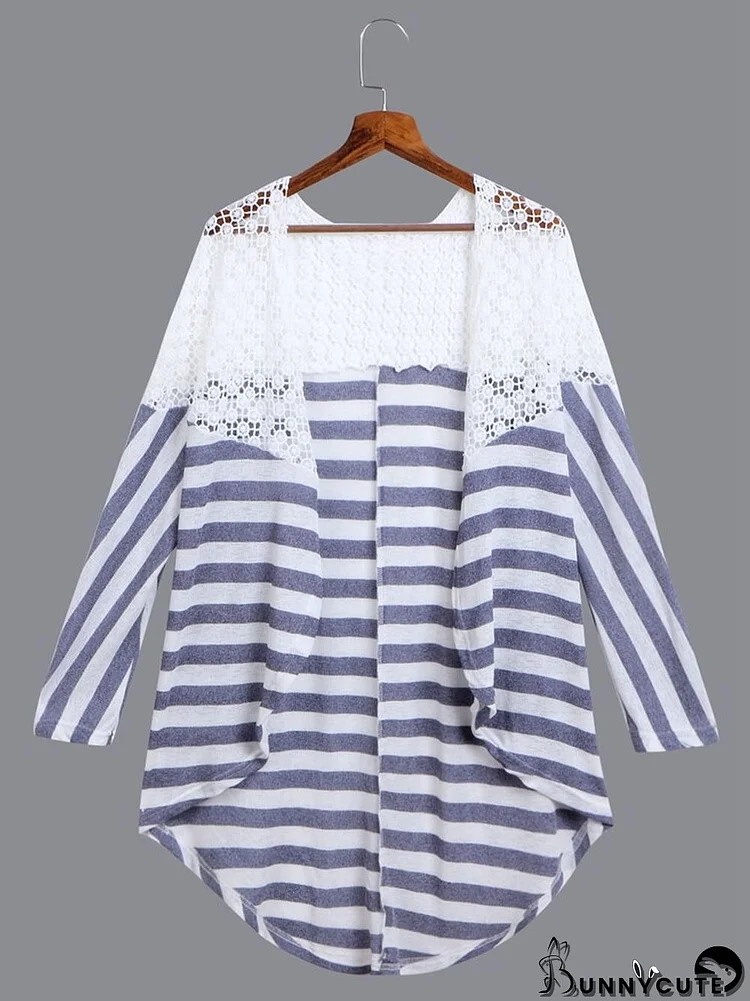 Women Casual Stripe Lace Stitching Long Sleeve Kimonos