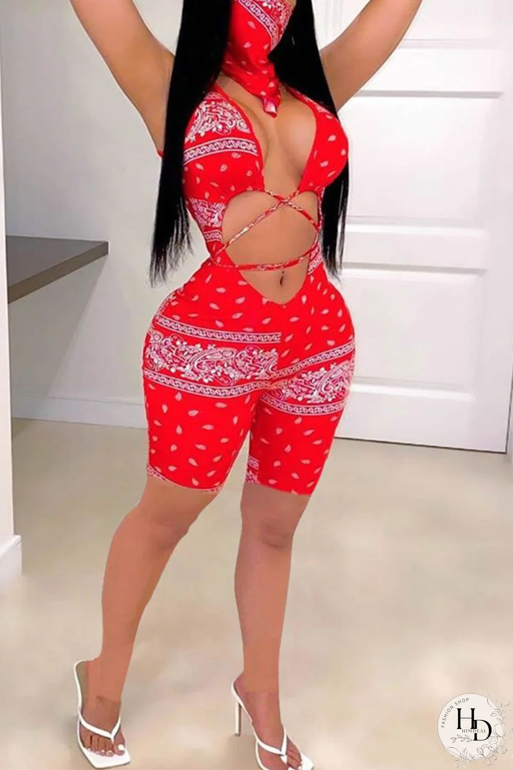 Black Sexy V Neck Sleeveless Tank Skinny Print Jumpsuits