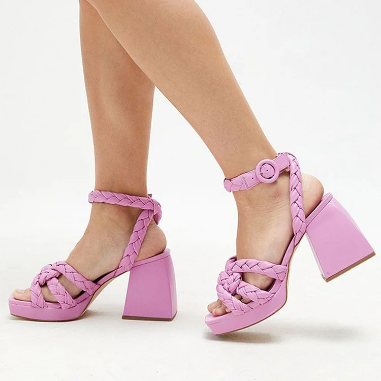 Classic Braided Square Toe Platform Chunky Heel Sandals Vdcoo