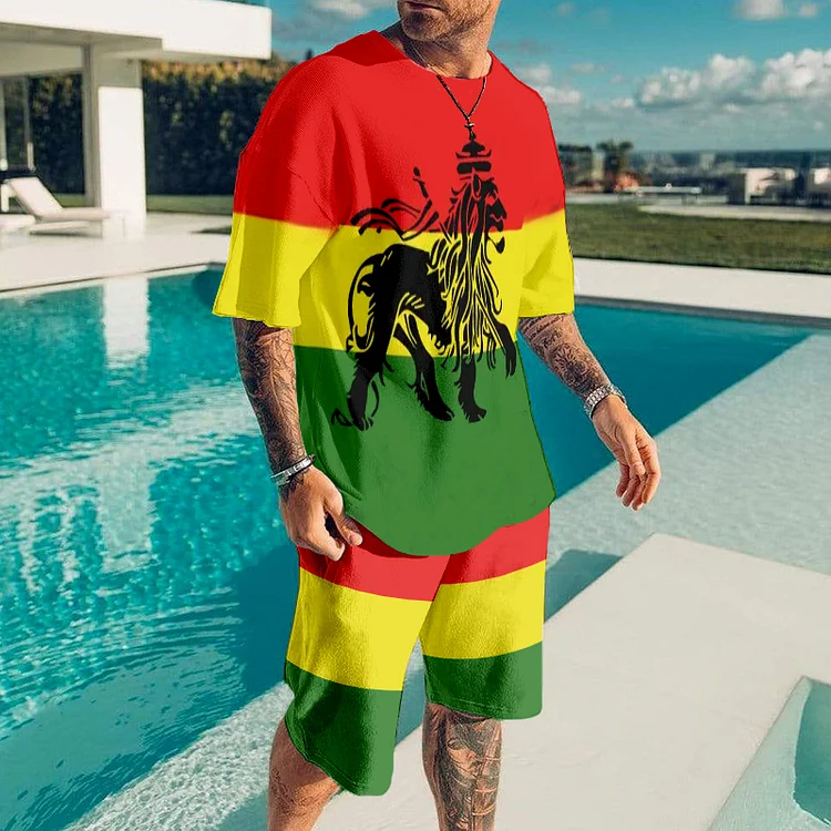 BrosWear Contrasting Reggae Lion T-Shirt  And Shorts Co-Ord