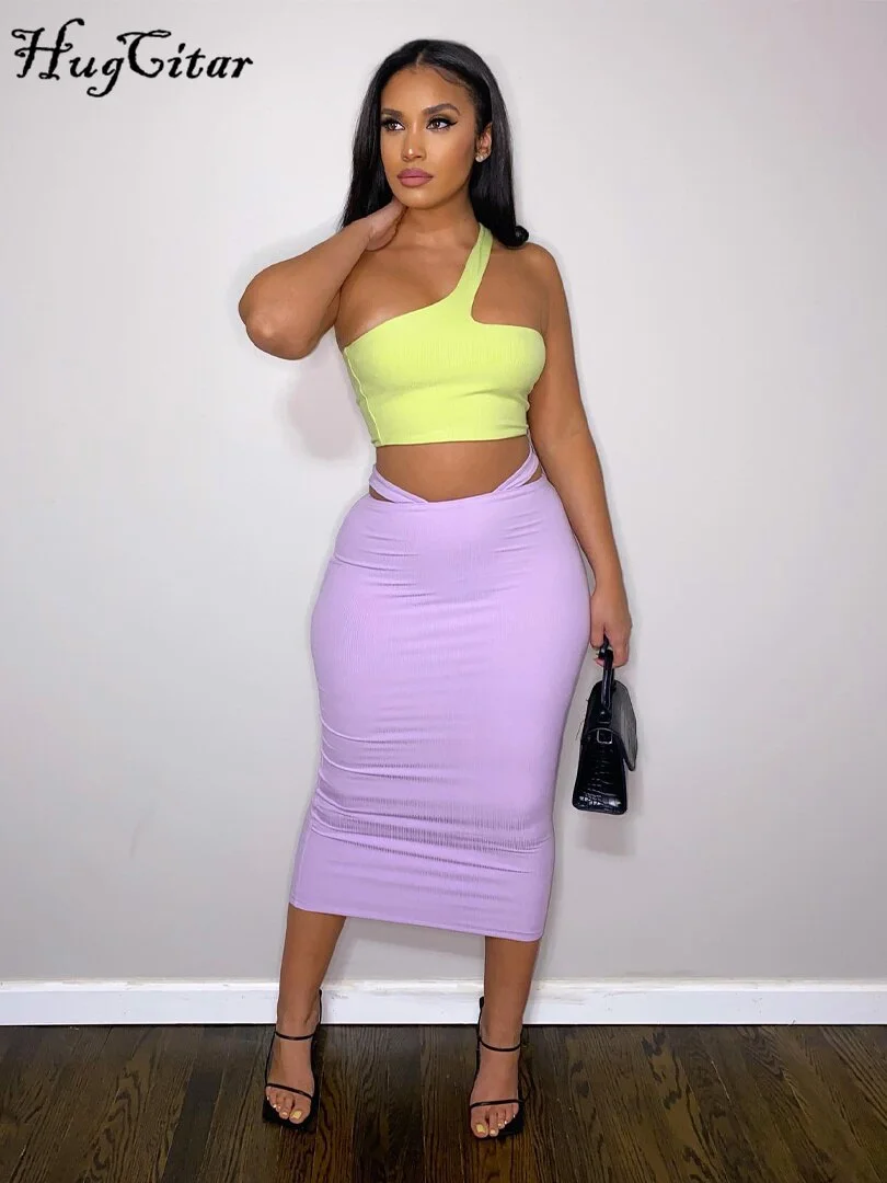 Hugcitar One Shoulder Yello Crop Top Purple Skirt Prom Dress 2 Pcs Matching Set Bodycon 2022 Summer Women Outfit Beach Elegant