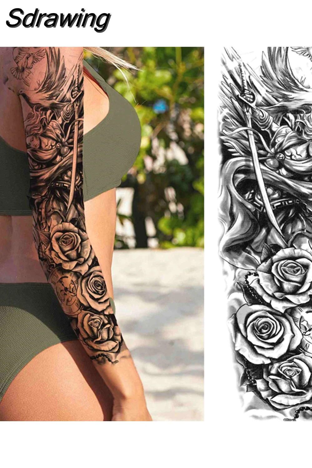Sdrawing Arm Temporary Tattoos Sleeve For Men Women Realistic Fake Tatoos Warrior Lion Tiger Flower Tatoo Sticker Black Totem Maori 507-1