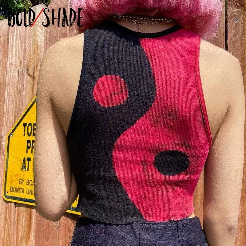 Bold Shade Y2K Indie Fashion Tank Tops Ribbed Print Patchwork Gothic Style Crop Tops Bodycon Women 90s Retro Basic Clothes 2021