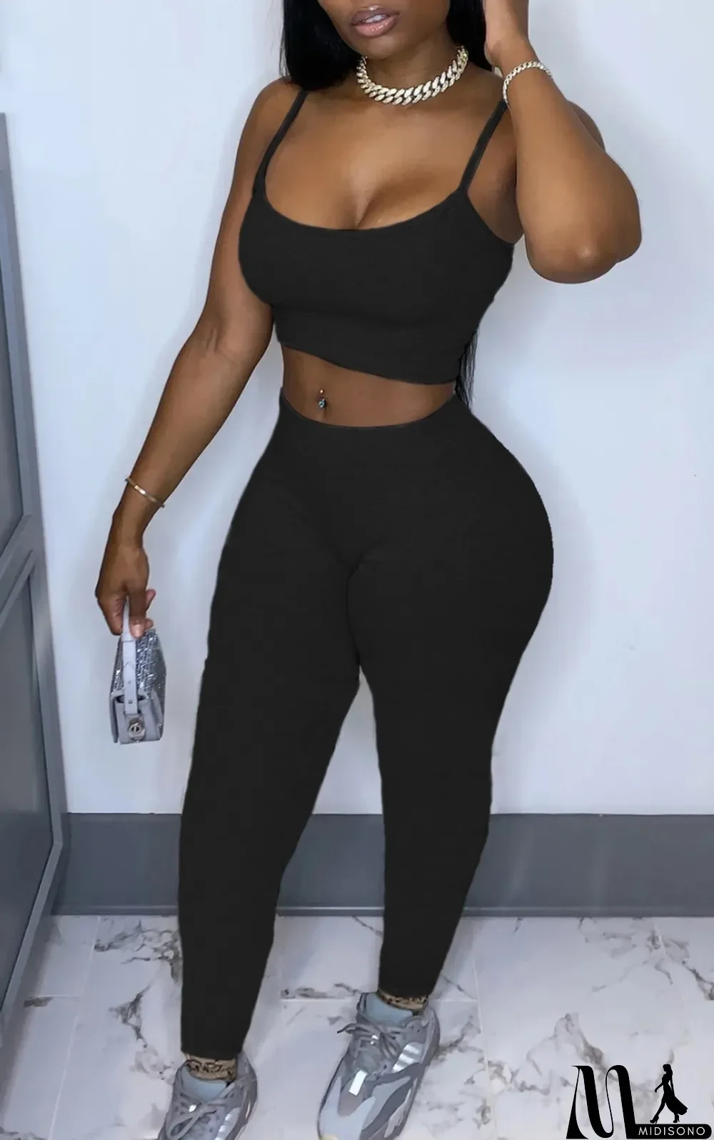 MidiSono - Summer Solid Color Tight Strap Crop Top and Pants 2pc Matching Set