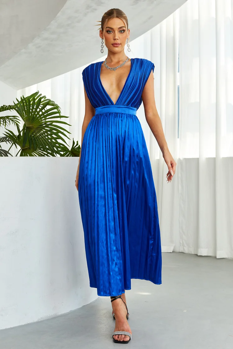 Deep V Neck Pleated Backless Formal Cocktail Party Maxi Dresses