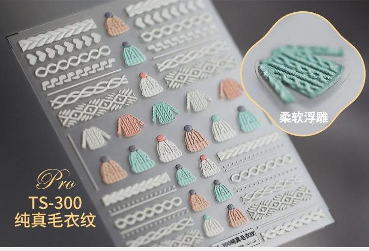 1pc Winter Knit Sweater Cloth Pattern 5D Nails Decal Engraved Embossed Nail Art Adhesive Decals For New Year Valentines Gifts-Nail Inspo