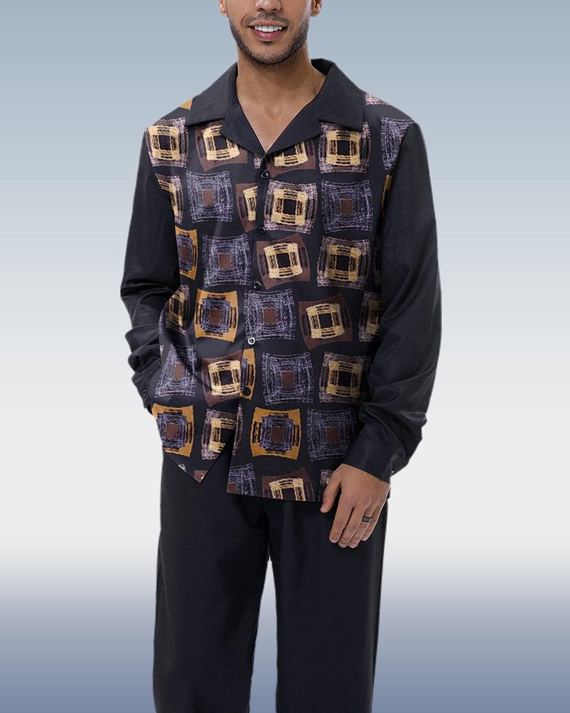 Square-print casual long-sleeve Shirt walking suit 001