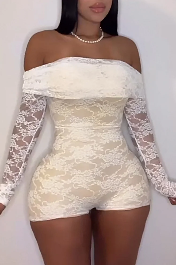 Off Shoulder Boat Neck Long Sleeve Floral Lace Playsuit Romper-Ivory