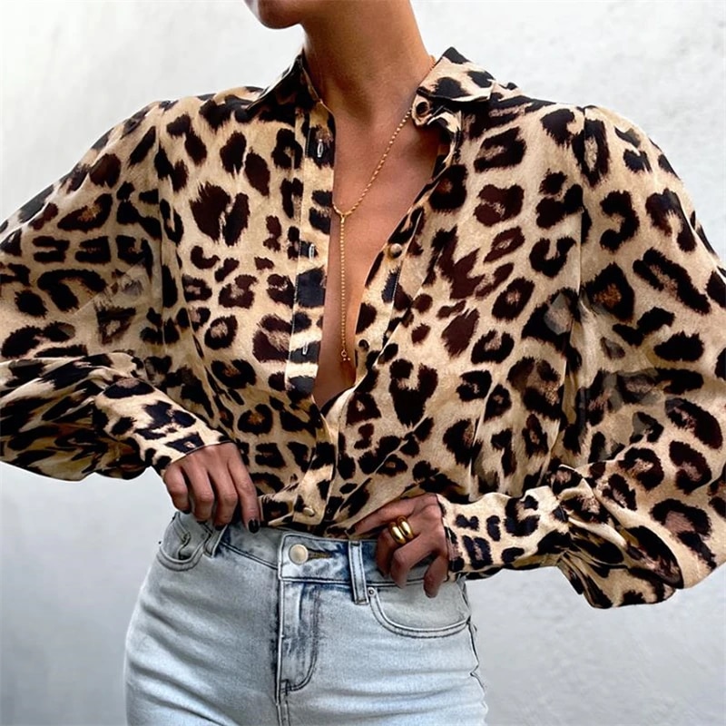 Fashion Shirts Women Button Lapel Latern Long Sleeve Leopard Floral Pattern Shirt Autumn Tops High Street wear