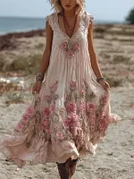Vintage Pink Roses Fiber Art Lace Flowy Linen Maxi Dress