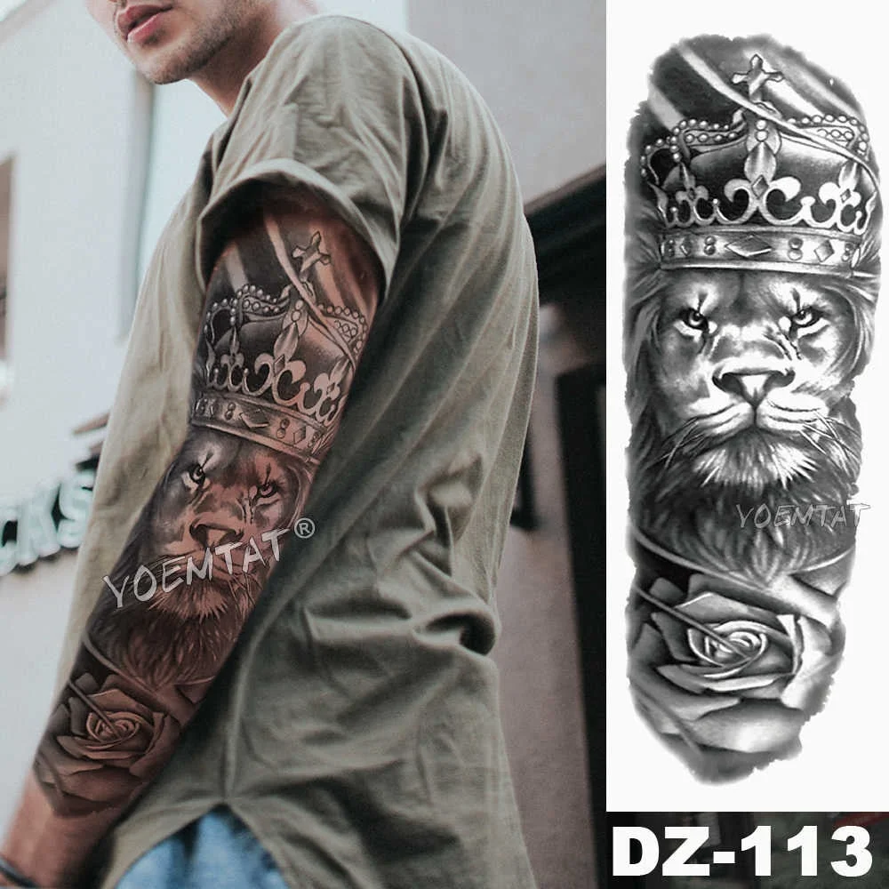 Large Arm Sleeve Tattoo Lion Crown King Rose Waterproof Temporary Tatoo Sticker Wild Wolf Tiger Men Full Skull Totem Tatto