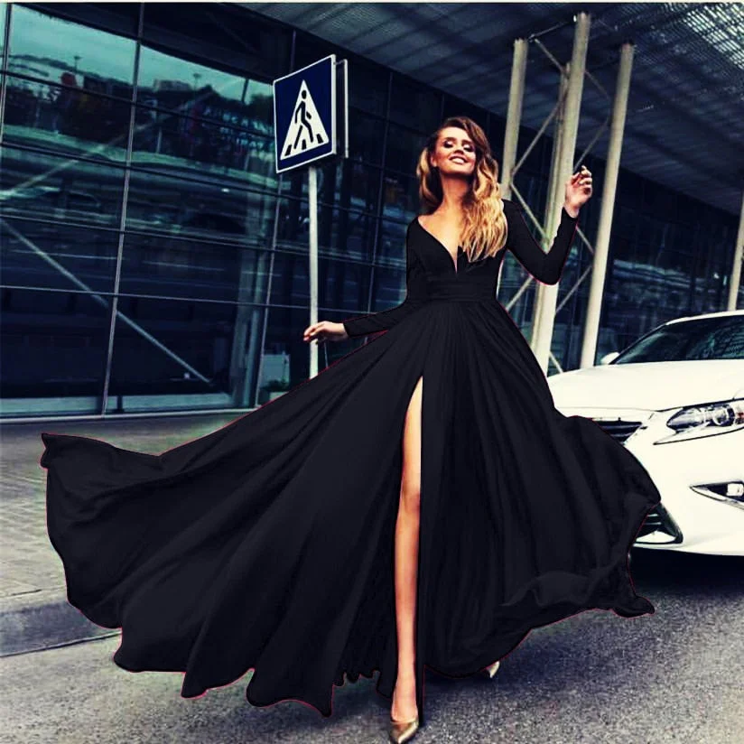 Grosfairy 2021 Fashion Summer Sexy Women Deep V-Neck Big Dress Elegant Long Sleeved Solid Slit Vestido Lady Party Nightclub Gown