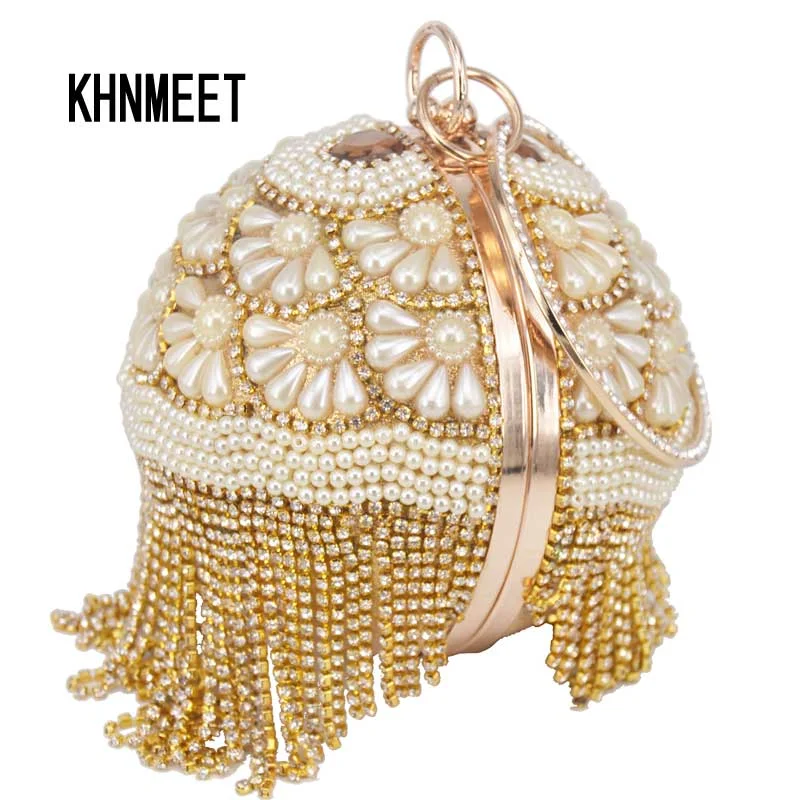 Bowling Design Pearl Clutch Bag circular ring Wristlets Bag Women Party Evening Bag Crystal tassels Ball Female wallet XQ-15