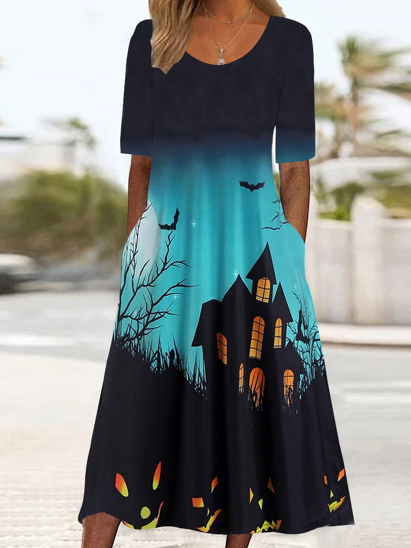Women's Half Sleeve Scoop Neck Graphic Halloween Pockets Midi Dress