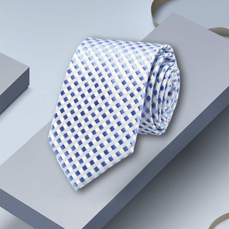 Cravate en soie à carreaux bleus pour hommes de 7 cm- SOIE PLUS