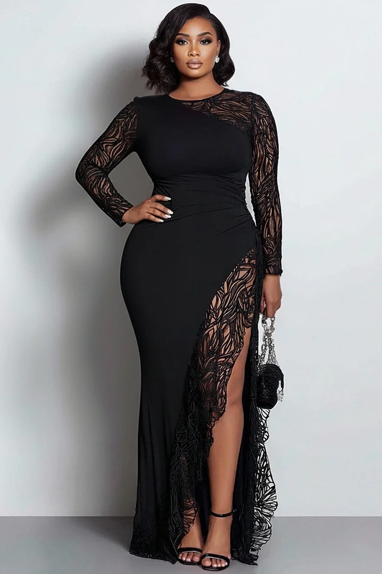 Xpluswear Design Plus Size Formal Black Round Neck Long Sleeve See Through Split Maxi Dresses  2024 - Xpluswear