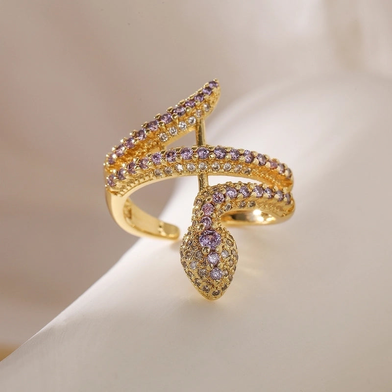 Minimalist Snake Copper Plating Inlay Zircon 18k Gold Plated Open Rings