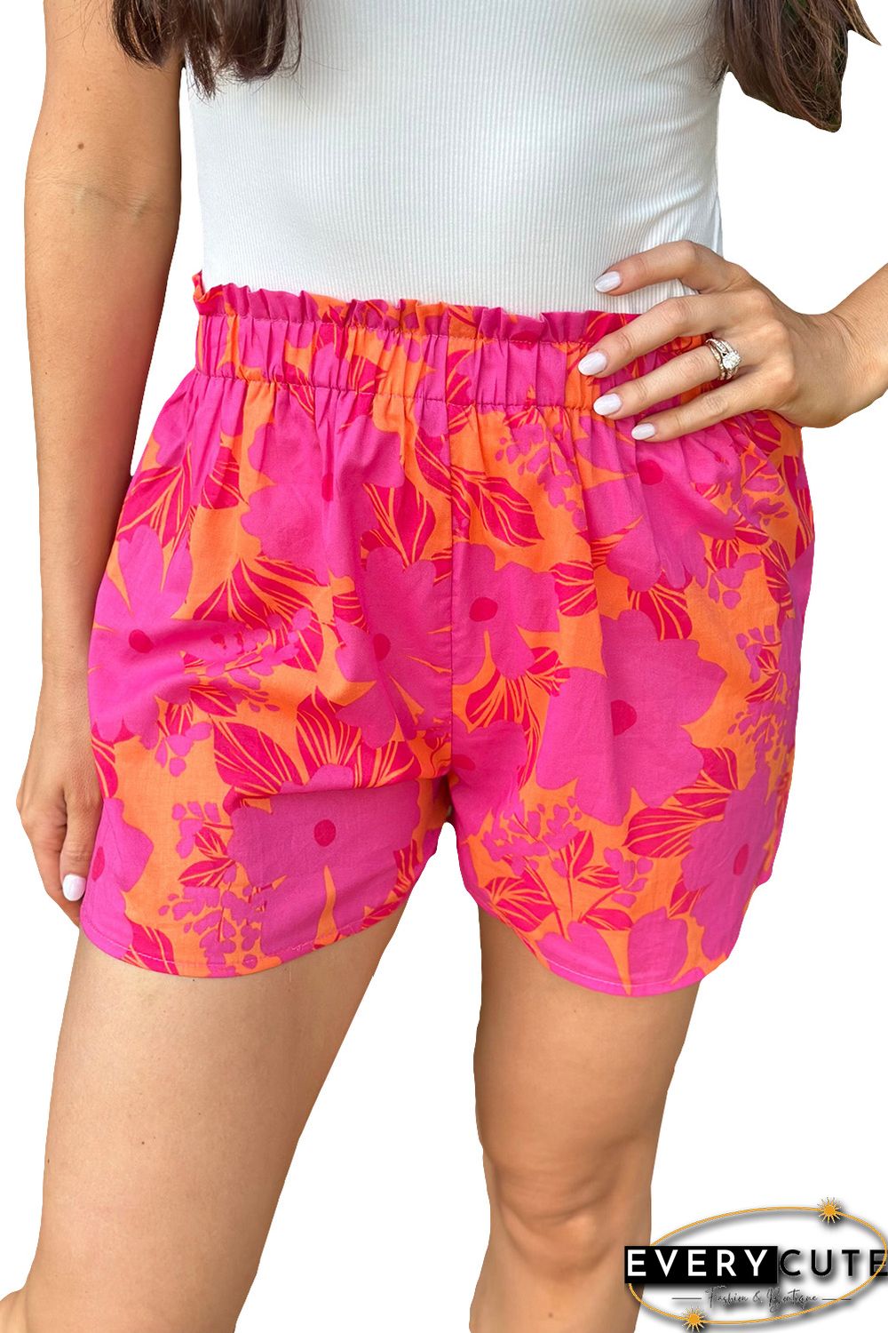 Pink Floral Print Smocked Waist Shorts