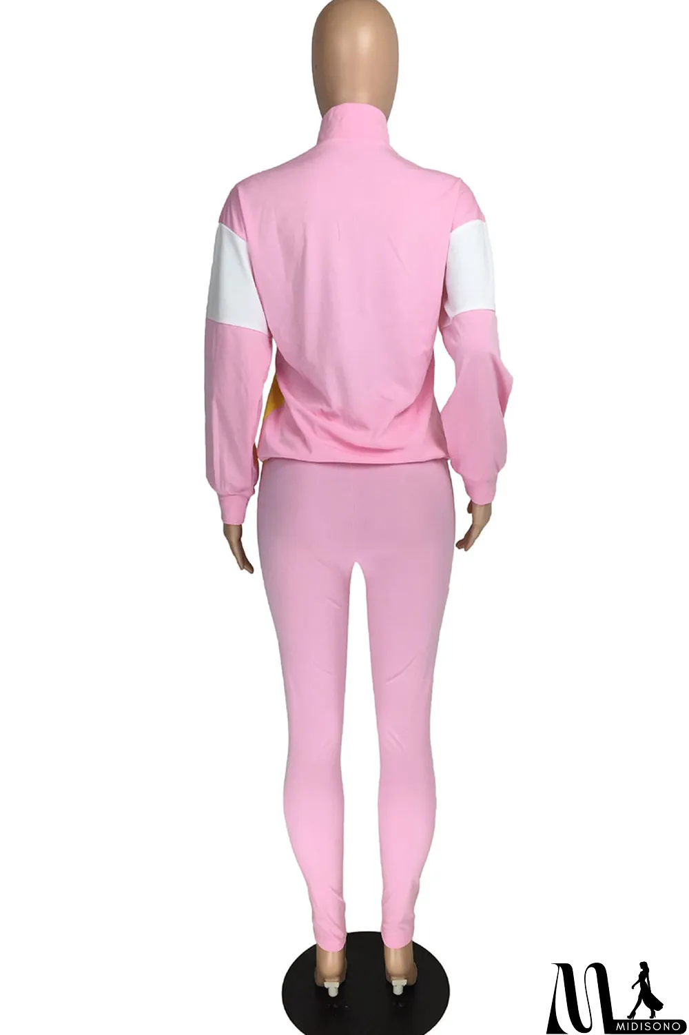 MidiSono - Fluorescent green Casual Striped Print Zippered Split Joint Mandarin Collar Long Sleeve Two Pieces