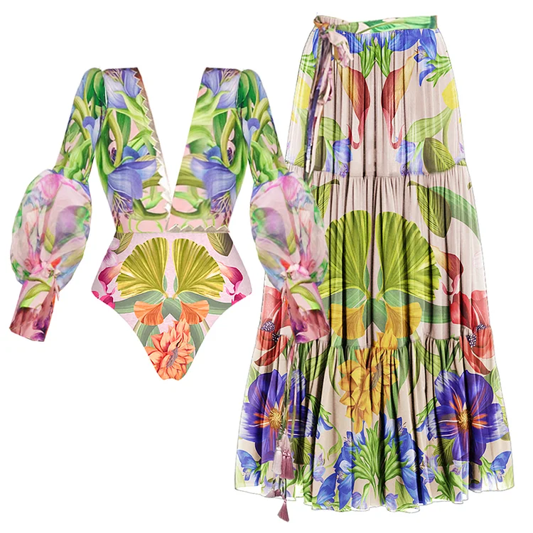 V-neck Long Sleeve Flowers Printed One Piece Swimsuit and Skirt