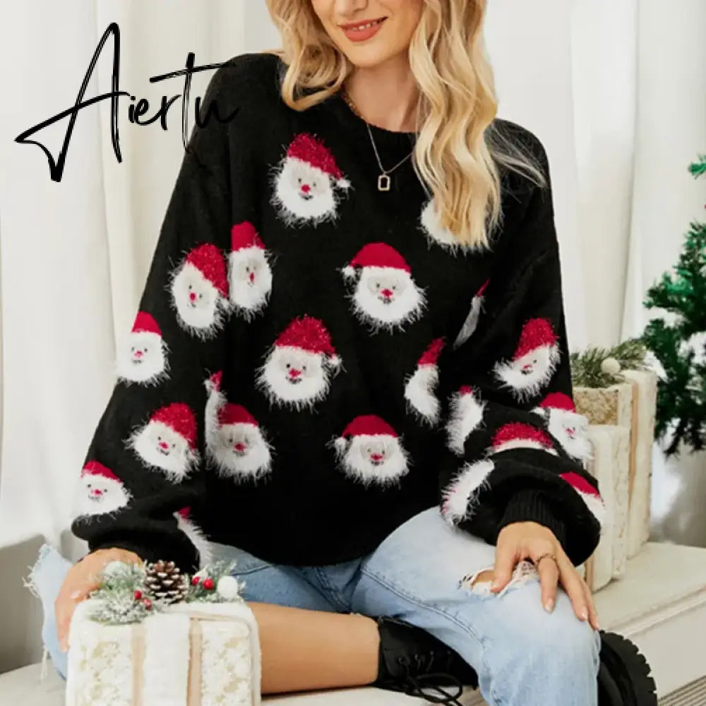 Ladies Cute Sweater Autumn/Winter New O-Neck Lantern Sleeve Loose Knitted Tops Traf Pullover Father Christmas Sweaters New Year Aiertu