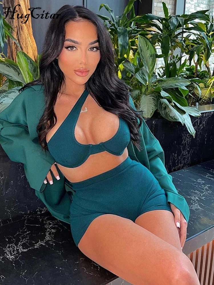 Hugcitar Ribbed Diagonal Collar Sleeveless Hollow Out Crop Top Mini Shorts 2 Pcs Set 2022 Sexy Women Streetwear Y2K Party Club