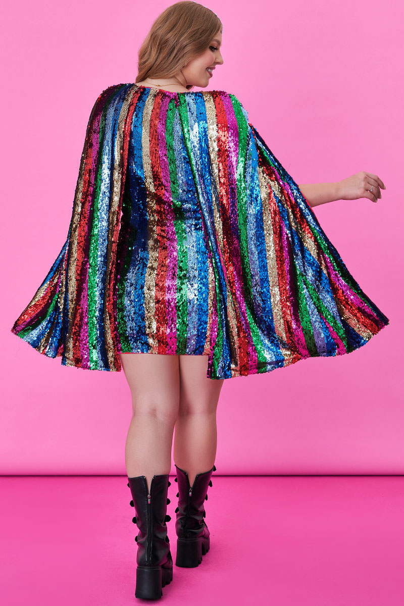 Design Plus Size Multicolor Party Rainbow Sequin Cape Mini Dress