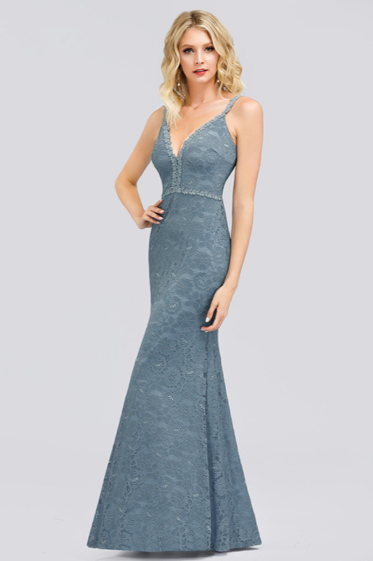 Dusty Blue V-Neck Sleeveless Prom Dress Long Lace Evening Gowns On Sale