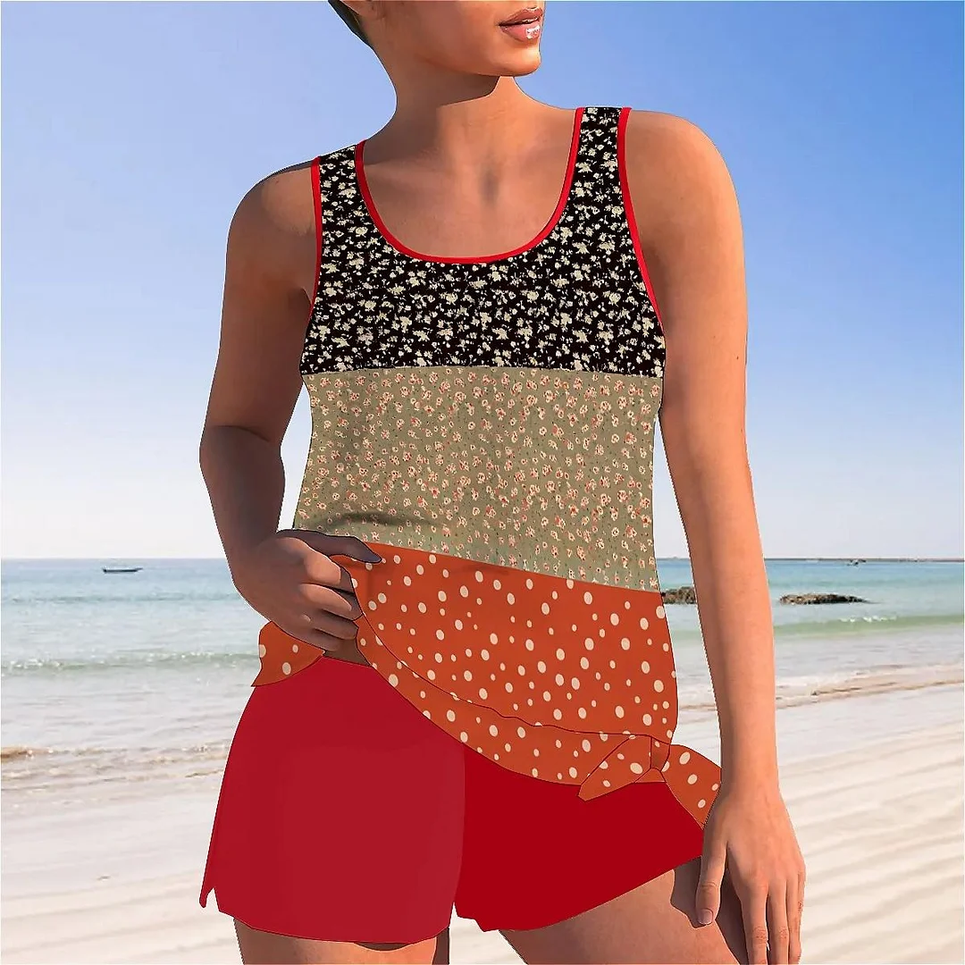 Bowknot Floral,Polka Dot,Red,Light Coffe,Navy,Stitch Mid Waisted Tankini Set - Plus Size Available