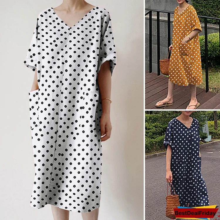 Women Short Sleeve V-Neck Kaftan Casual Summer Cotton Linen Dress Plus Size