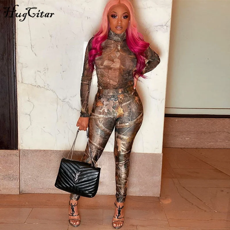 Hugcitar 2020 Long Sleeve Vintage Print Bodysuit Leggings 2 Piece Set Autumn Winter Women Fashion Streetwear Y2K Tracksuit