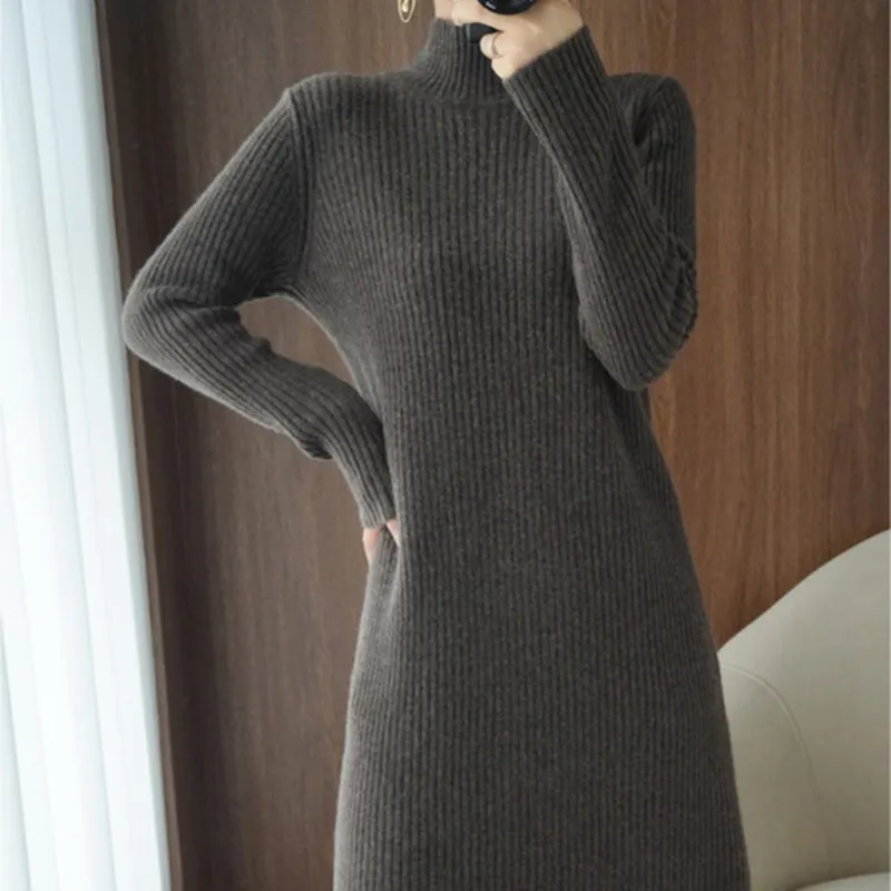 Churchf Churchf Autumn Winter 2 Half High Collar Over The Knee Loose Knit Dress Long Style Lazy Wind Dress