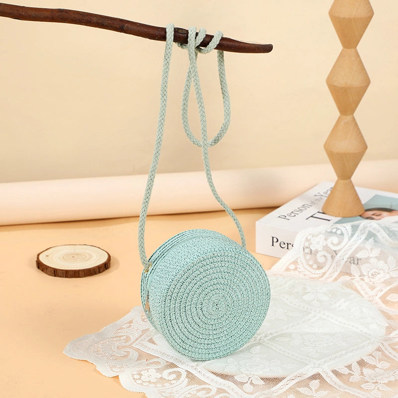 Girl’S Straw Solid Color Cute Round Zipper Shoulder Bag
