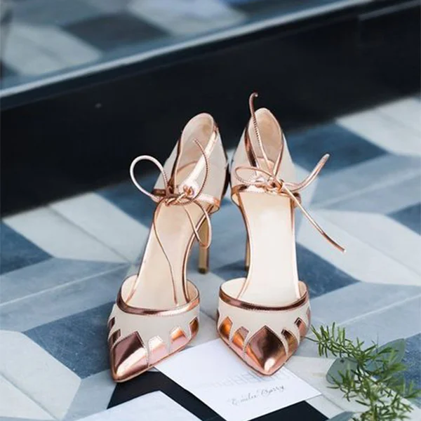 Beige and Rose Gold Pointy Toe Stiletto Heels Pumps |FSJ Shoes