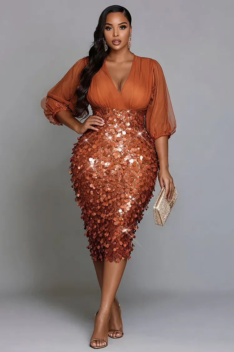 Xpluswear Design Plus Size Cocktail Party Chiffon Khaki V Neck Lantern Sleeve Half Sleeve Contrast Bodycon Sequin Midi Dresses [Pre-Order] 2024 - Xpluswear