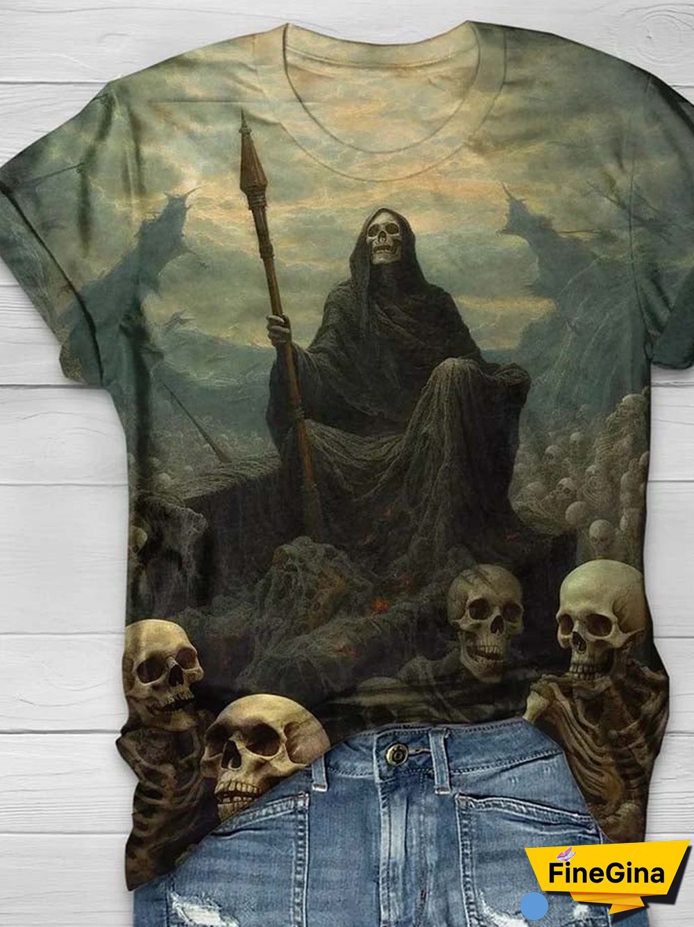 Women's Casual Grim Reaper Skull Print Short Sleeve T-Shirt