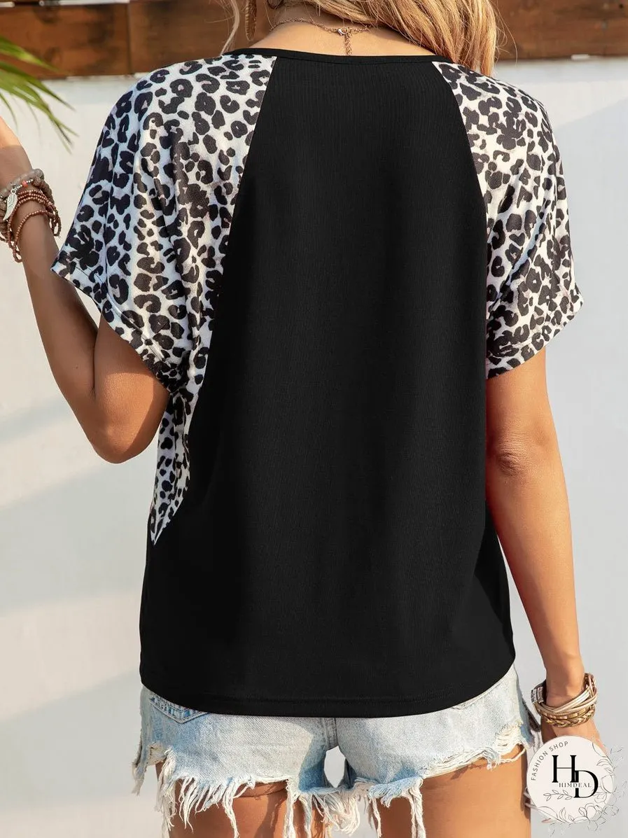 Comfortable Casual V Neck Loose Leopard Print Stitching T Shirt