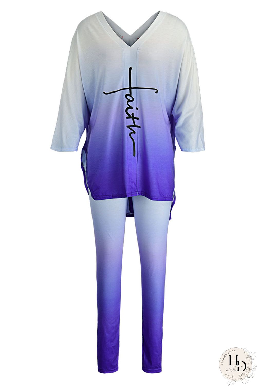 Blue Casual Gradual Change Print Patchwork Slit V Neck Half Sleeve Two Pieces