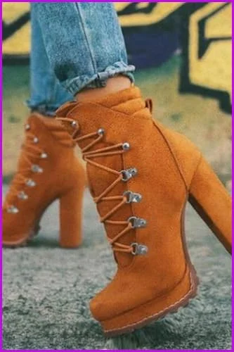 Women Flock Rivet Square High Heels Ankle Boots F3380