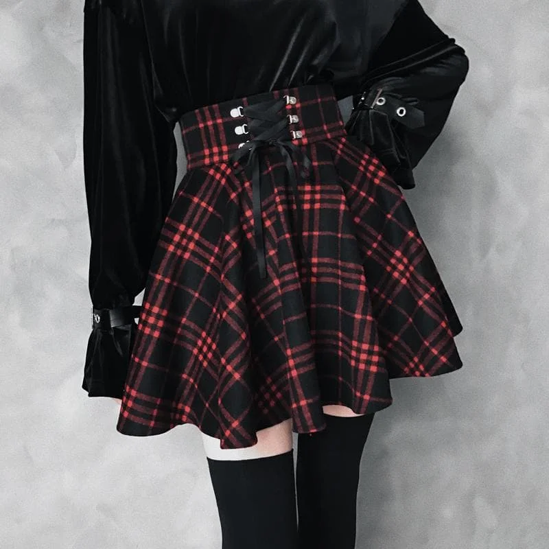 [High Quality] Black-Red Gothic High Waist Laced Plaid Skirt S13026