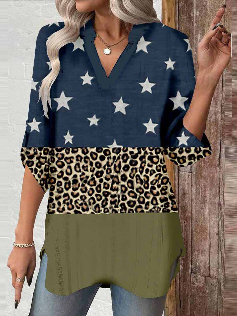 Women Floral, Blue, Patchwork DZGA0047 3/4 Sleeve V-neck Printed Graphic Button Tops